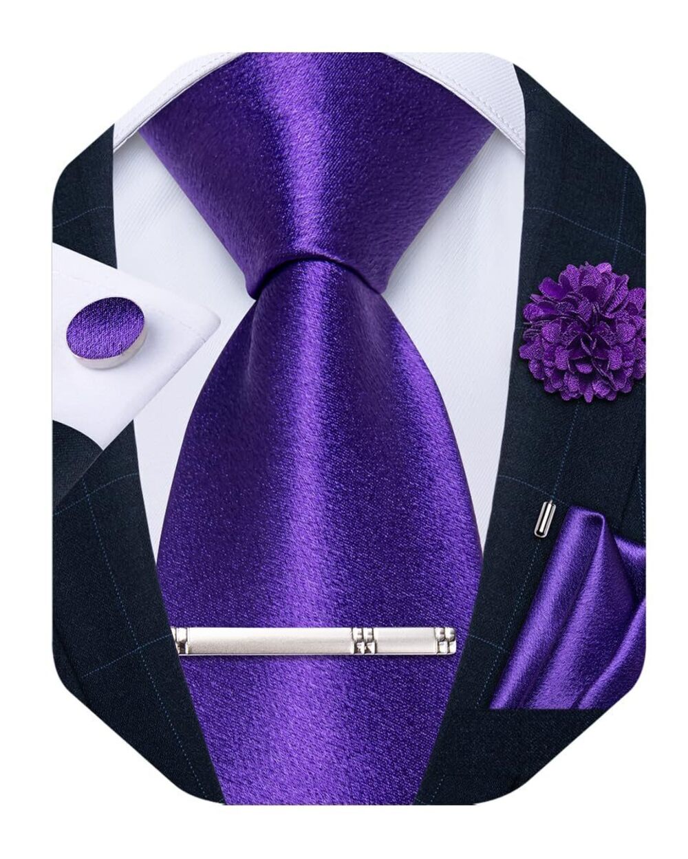 8364 Satin Tie with Lapel Pin Tie Clip Shiny Solid Color Necktie and Pocket